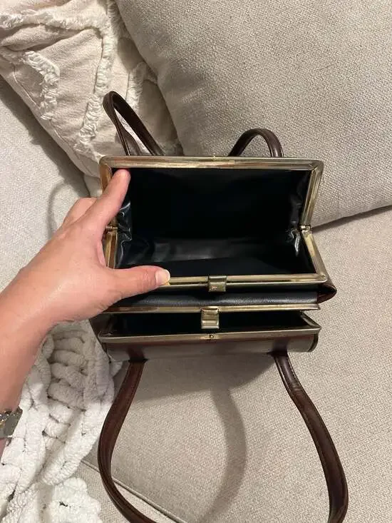 Vintage 1950s Ackery Brown Leather Triple Compartment Frame Handbag - Picture 8 of 9